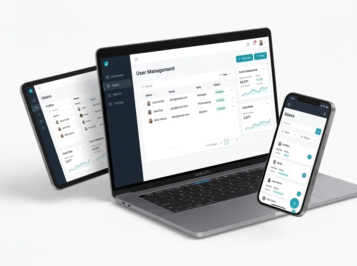 Laptop, tablet, and smartphone displaying a polished responsive web application with data tables and dashboard components