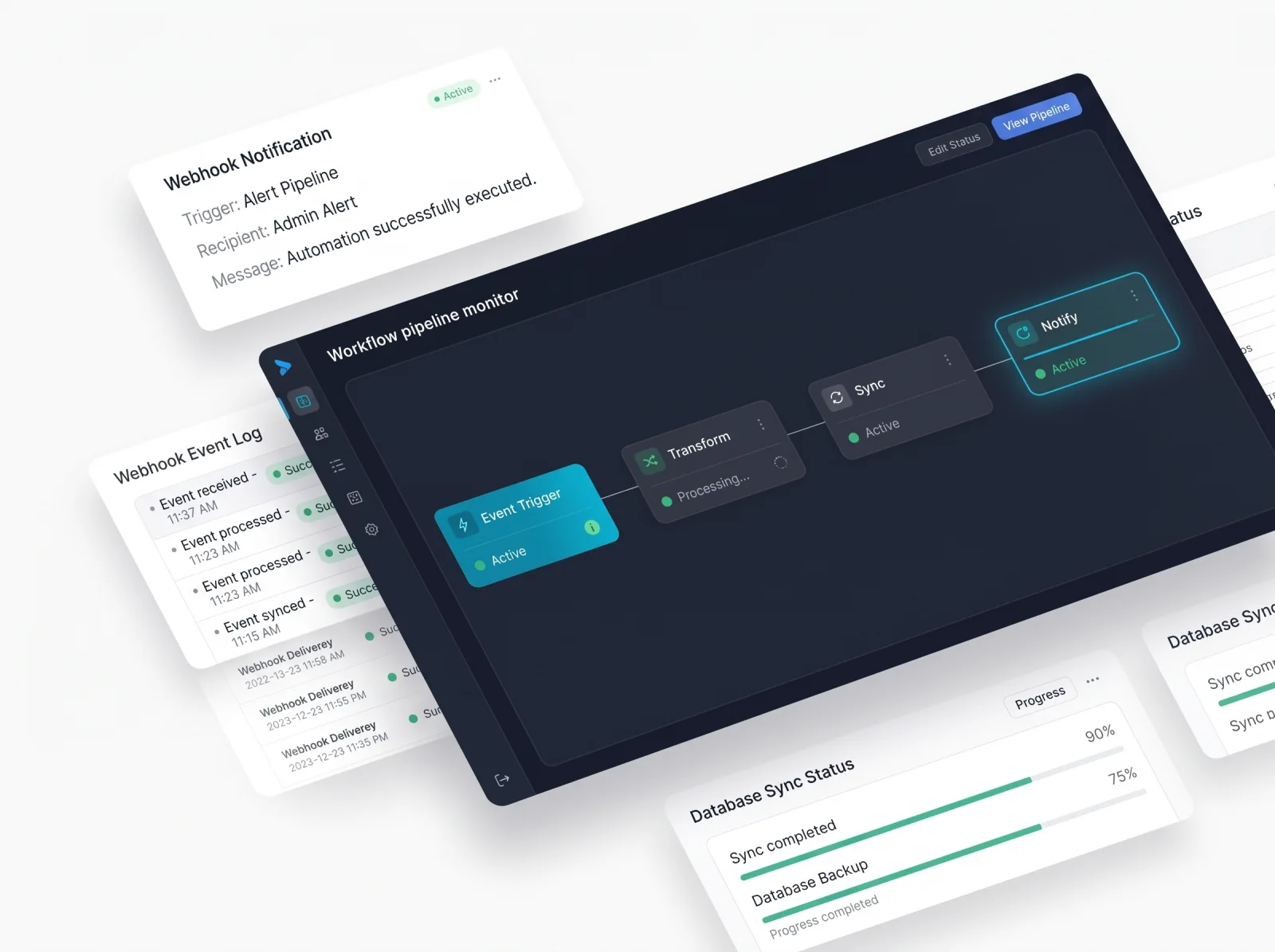 Workflow pipeline monitor showing event triggers, data transformation stages, webhook logs, and database sync status panels